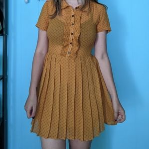 Mustard yellow pleated button up collar forever 21 dress small
